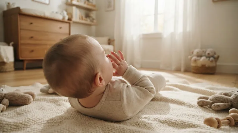 A six-month-old infant looking up at a parent with their mouth slightly open in mid-babble.