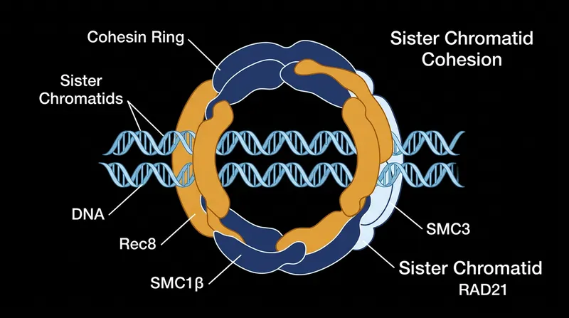 The cohesin complex acts as a physical ring, binding sister chromatids together until the cell is ready to divide.