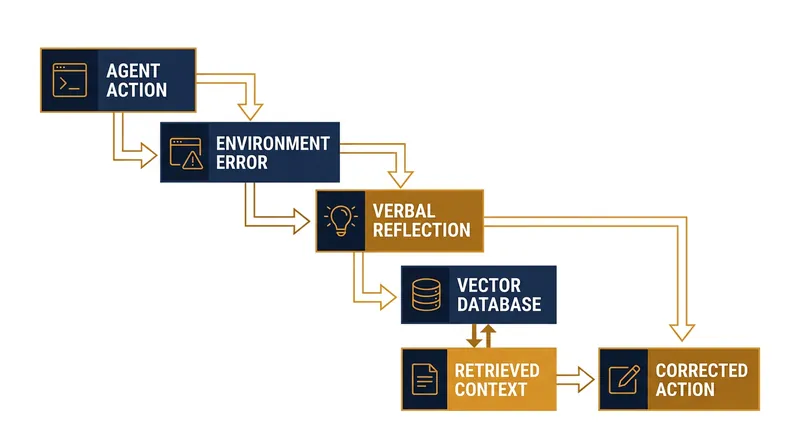 Agents use vector databases to store and retrieve natural language notes about their past failures.
