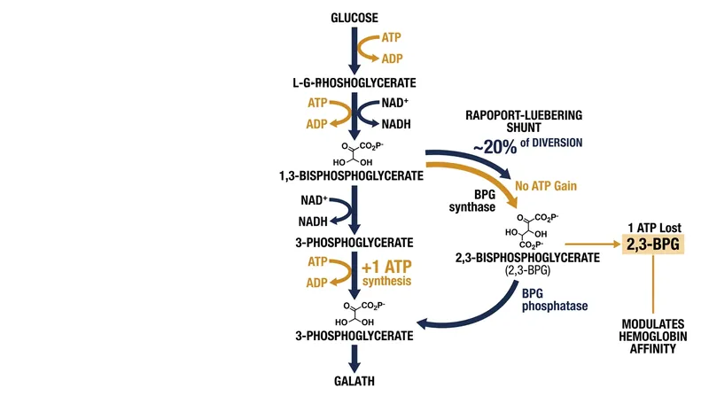 The Rapoport-Luebering shunt diverts 20 percent of the cell's glycolytic flux, sacrificing ATP production to synthesize the oxygen-releasing trigger 2,3-BPG.