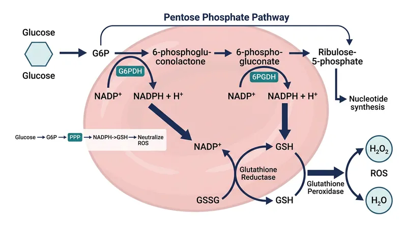 The pentose phosphate pathway consumes glucose to generate NADPH, which powers the cell's antioxidant defenses against its own oxygen cargo.