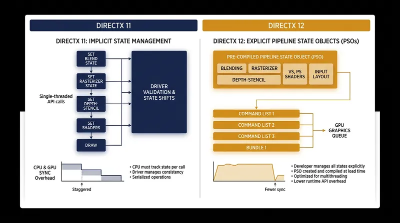 DirectX 12 requires all rendering states to be bundled into a single object before drawing.
