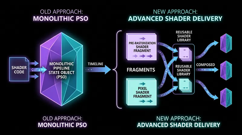Advanced Shader Delivery splits monolithic PSOs into reusable fragments to reduce compilation delays.