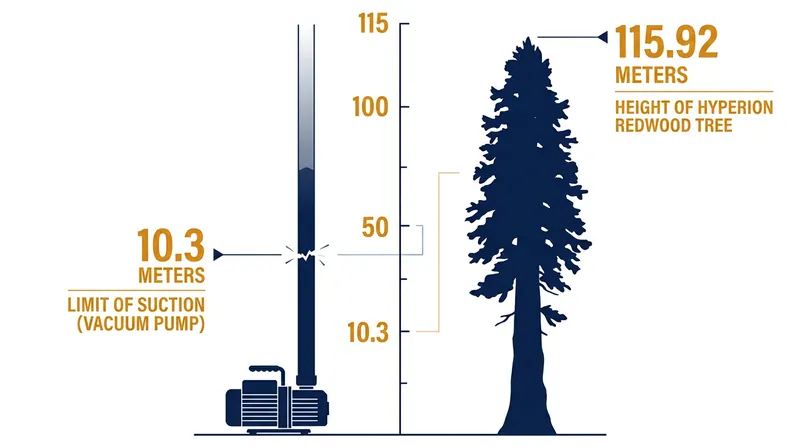 Atmospheric pressure can only support a 10.3-meter column of water, forcing trees to rely on negative hydrostatic pressure to reach the canopy.