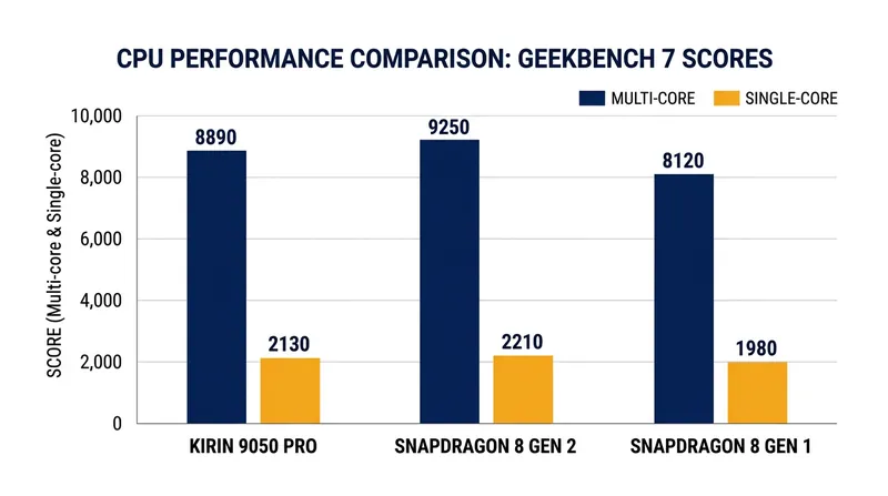Benchmark testing places the Kirin 9050 Pro's performance between the 2021 and 2022 generations of Qualcomm's flagship processors.