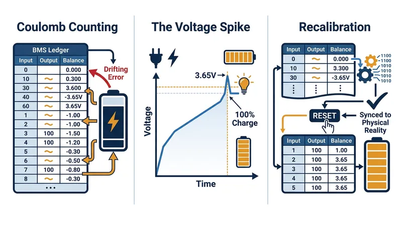 The BMS uses the sharp voltage spike at maximum capacity as an absolute anchor point to reset its internal calculations.