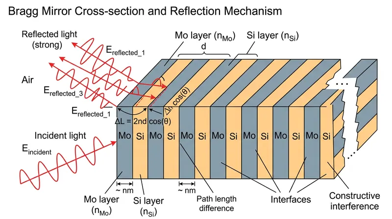 A Bragg mirror uses alternating layers of different materials to reflect light through constructive wave interference.