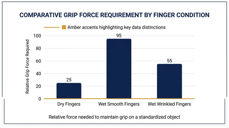 Wrinkled fingers require significantly less muscular force to grip wet objects compared to smooth fingers.