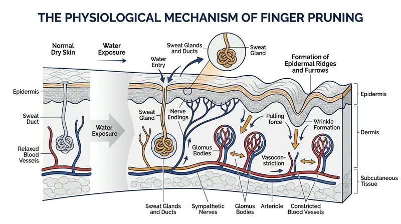 When blood vessels constrict beneath the skin, the loss of volume creates a negative pressure that pulls the epidermis downward.