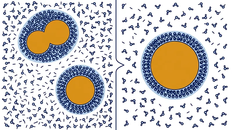 Merging oil droplets reduces their total surface area, freeing trapped water molecules and increasing the system's entropy.