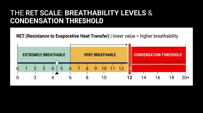 The ISO 11092 RET scale dictates how easily moisture vapor can pass through a fabric.