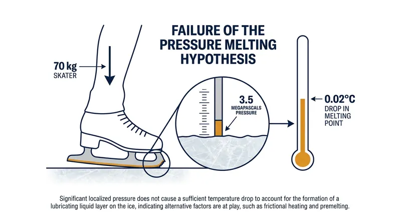 The pressure exerted by a human on a skate blade lowers the melting point of ice by only a fraction of a degree.