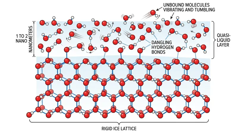 Outermost water molecules lack the partners needed to form a complete crystal, forcing them into a highly mobile state.