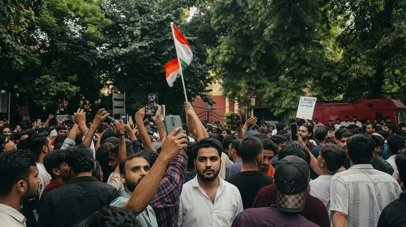A large crowd of young protesters holding Indian flags and signs behind yellow police barricades.