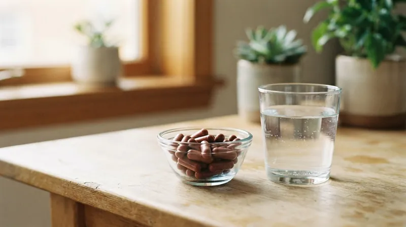 A single iron supplement capsule resting next to a glass of water on a table.
