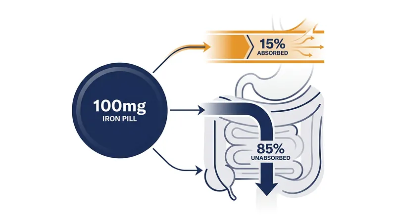 The majority of a standard daily iron pill is not absorbed, leaving residual iron to irritate the digestive tract.