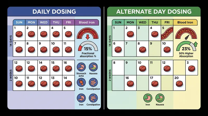 Alternate-day dosing cuts the total iron intake in half while maximizing the percentage that reaches the bloodstream.