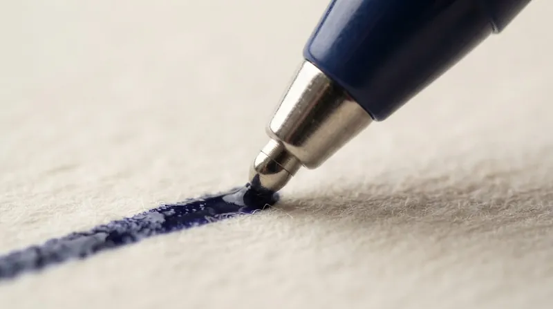Macro photograph of a gel pen tip touching paper, leaving a thick trail of blue ink.
