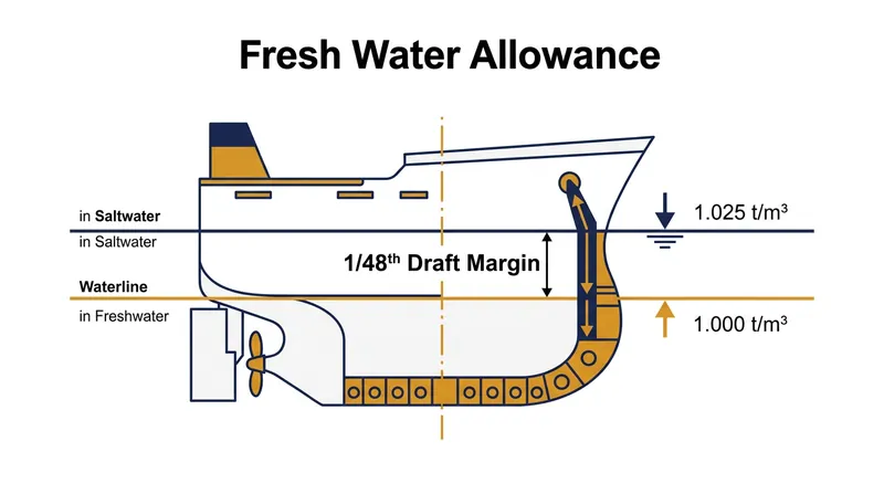 A vessel sinks deeper in freshwater due to lower density, requiring a built-in draft margin to maintain safe freeboard.