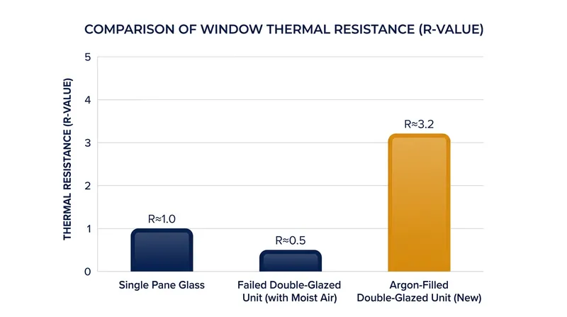 Once the argon gas escapes and moist air enters, a double-glazed window loses a significant portion of its insulating value.