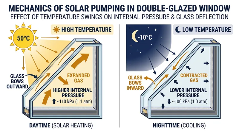Solar pumping forces the glass to bow outward during the day and inward at night, fatiguing the perimeter seals.