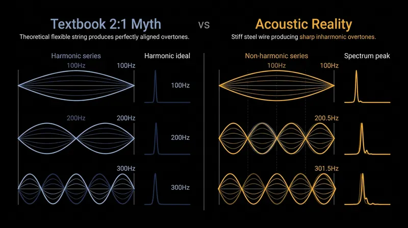 Bending stiffness causes the overtones of a steel wire to run progressively sharper than perfect integer multiples.