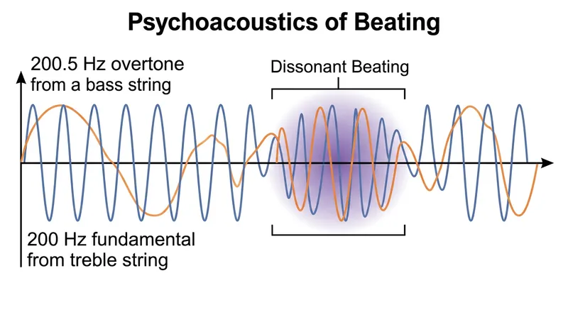 Tuning a piano to perfect 2:1 octaves creates a rapid, dissonant pulsing as the sharp overtones clash with the upper fundamentals.