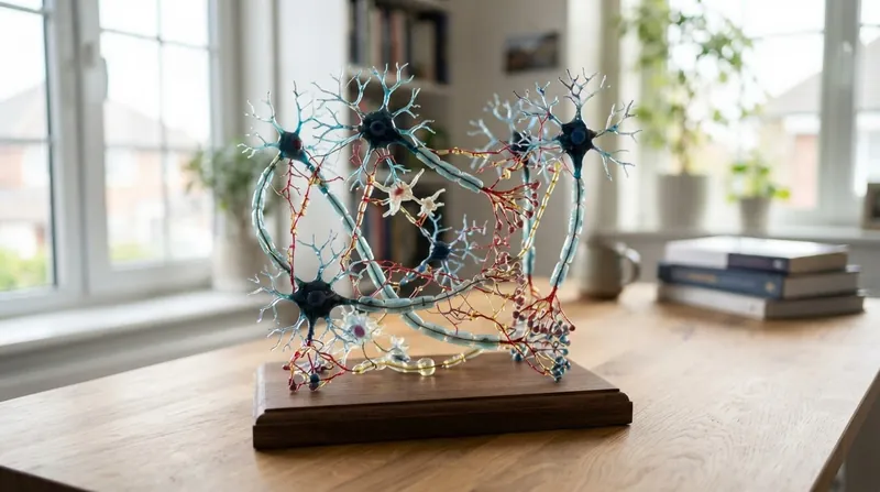 A microscopic 3D rendering of a neuromuscular junction showing glowing synaptic vesicles fusing with a nerve membrane.