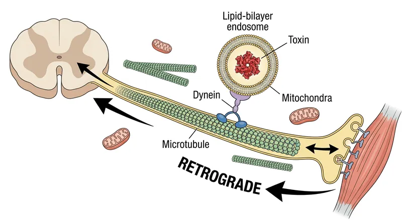 Tetanus toxin is packaged into signaling endosomes and hauled backward up the axon by dynein motor proteins, bypassing the local release machinery entirely.