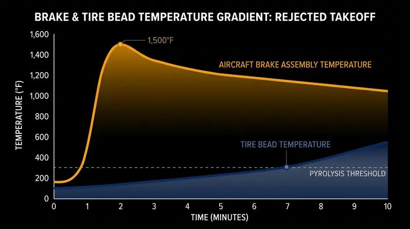 Heat radiates outward from the brake rotors into the wheel web, eventually pushing the rubber tire bead past its pyrolysis point.