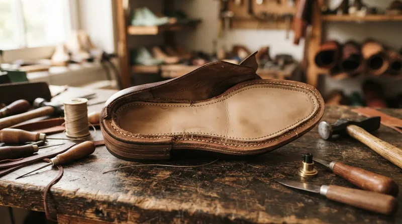 Illustration: In a Blake-stitched shoe, the heavy thread is visible directly on the interior footbed.
