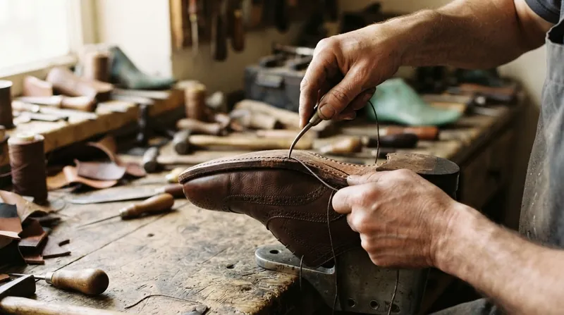 Illustration: A cobbler stitches a new outsole directly to the welt, leaving the shoe's upper and insole completely untouched.