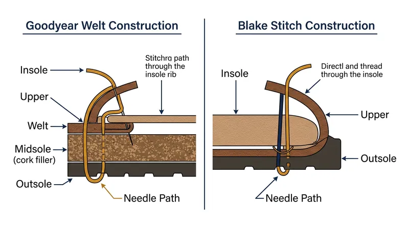 The Blake stitch passes directly through the insole, while the Goodyear welt isolates the stitching to an exterior shelf.