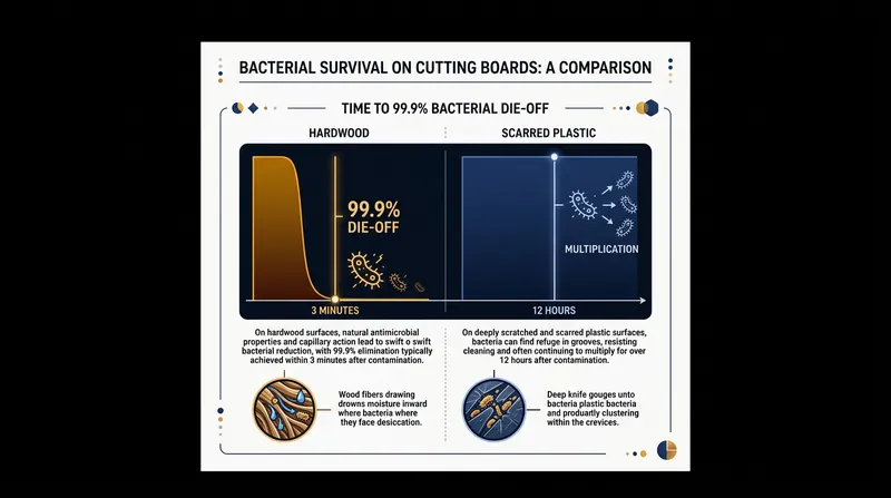 Bacterial survival rates on hardwood versus scarred plastic surfaces.