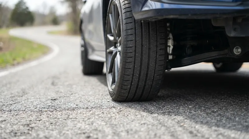 Illustration: The twisting of the rubber tread against the road surface shifts the center of lateral force rearward.