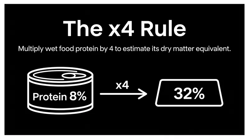 Shoppers can multiply standard wet food percentages by four to quickly estimate their dry matter value.
