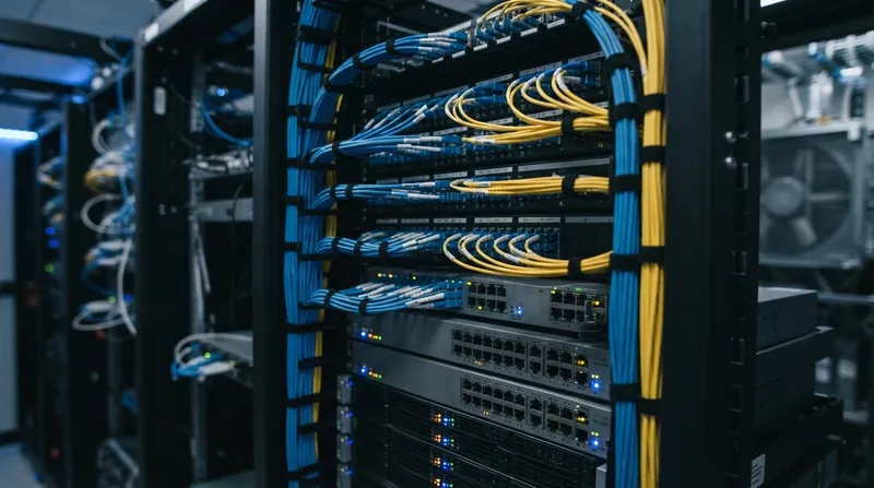 Glowing fiber optic cables connecting modern data center server racks, illuminated in deep blue and amber.