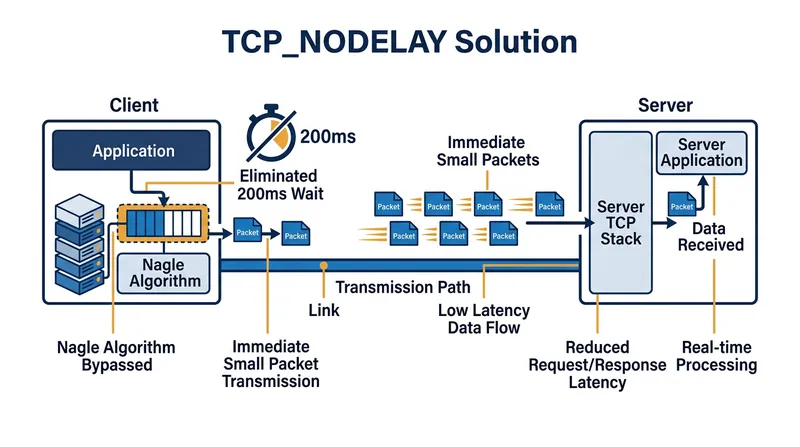 Setting the TCP_NODELAY flag disables Nagle's algorithm, allowing small packets to transmit immediately.