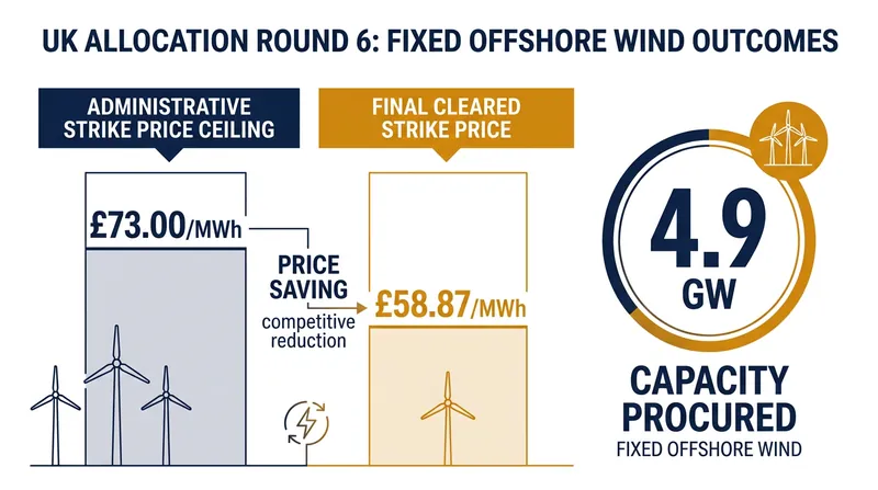 Competitive reverse auctions drive final strike prices well below government-set administrative ceilings.
