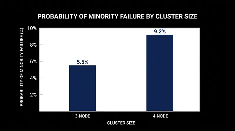 A four-node cluster presents a larger surface area for hardware failures while offering no additional resilience.