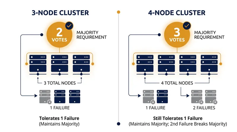 Adding a fourth node increases the quorum requirement without increasing the failure tolerance.