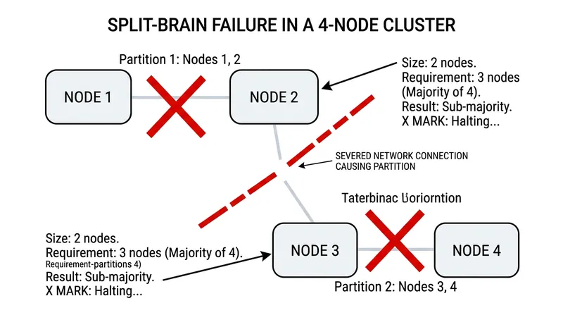 An even-numbered cluster can split perfectly in half during a network partition, resulting in total system deadlock.