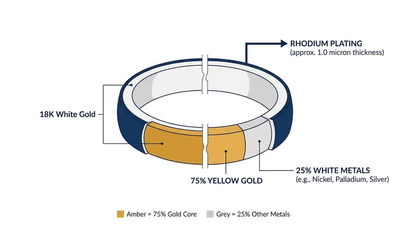 White gold relies on a one-micron rhodium barrier to mask the natural yellow tint of its gold core.