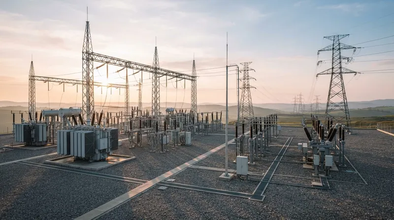A massive power plant at dusk with isolated lights glowing in the control room against a dark landscape.