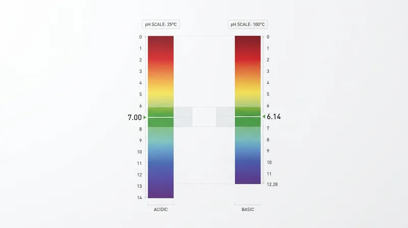 The entire pH scale compresses at higher temperatures, shifting the neutral midpoint downward.