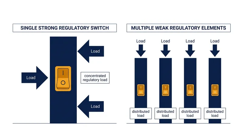 Critical genes are protected by distributed networks of weak regulatory elements rather than a single master switch.