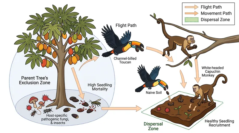 Animal dispersers are critical for moving seeds beyond the lethal exclusion zones maintained by soil fungi.