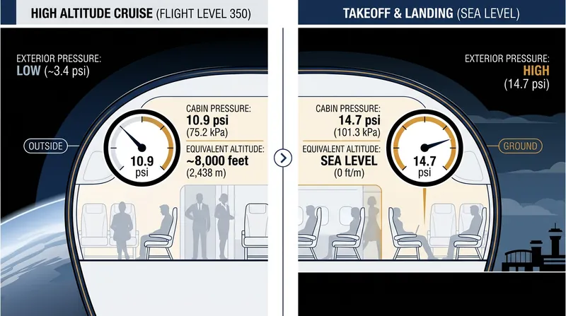 Commercial aircraft cabins are pressurized to a maximum of 8,000 feet, creating a 35 percent pressure differential compared to sea level.