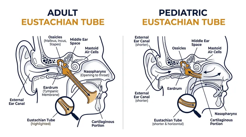 A child's Eustachian tube is shorter and more horizontal, making it significantly harder to equalize pressure.
