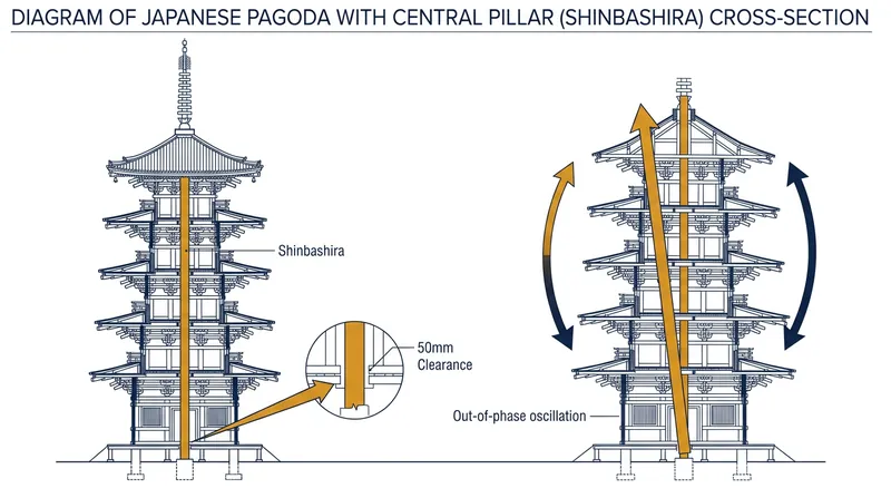 The central pillar sways independently from the outer frame, acting as a massive tuned damper.